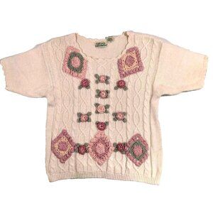 Vtg 90s Grandma Sweater L Short Sleeve Floral Embroidered Cottagecore Coquette